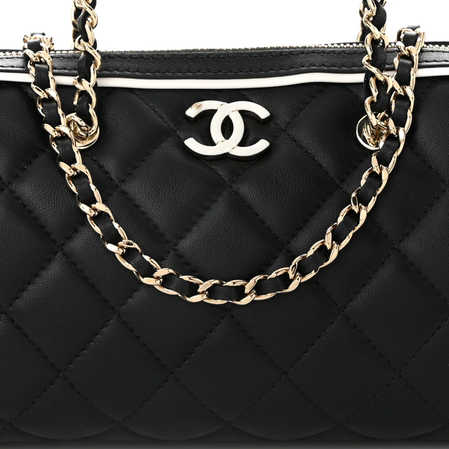 Chanel Lambskin Quilted Resin CC Mini Bowling Clutch With Chain Black White