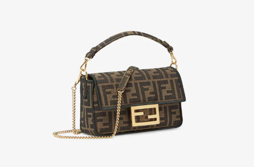Baguette® Medium Bag with Chain Brown jacquard bag with FF logo
