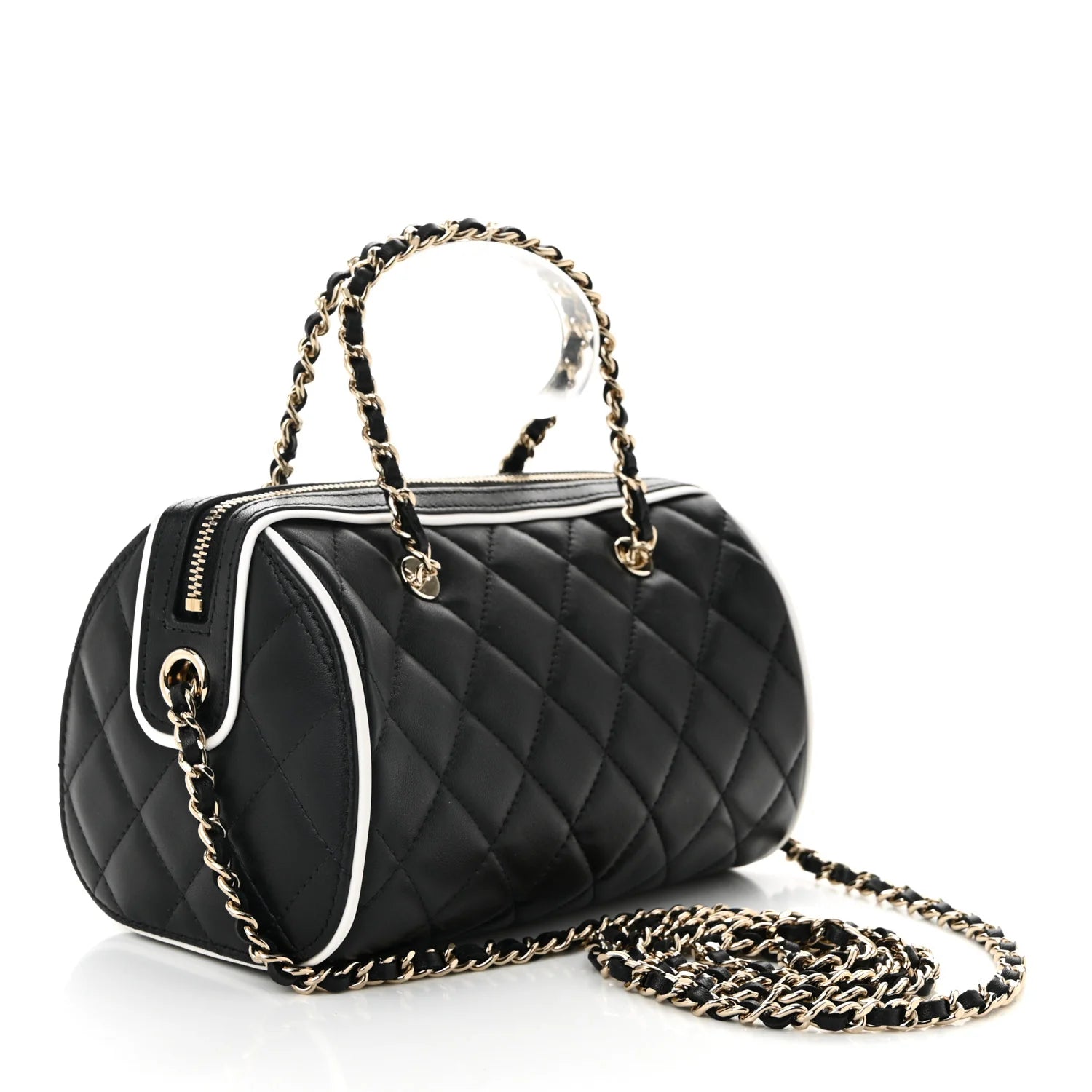 Chanel Lambskin Quilted Resin CC Mini Bowling Clutch With Chain Black White