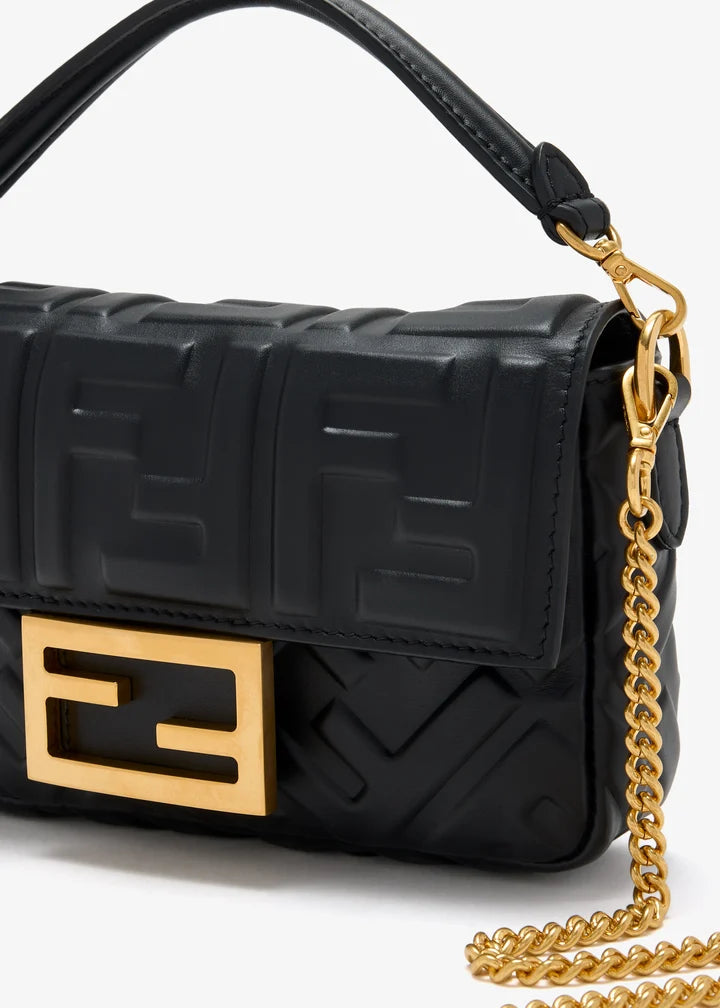 Baguette Mini Black nappa leather bag with FF motif