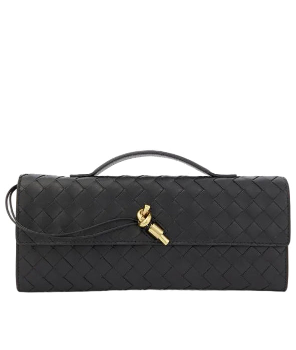 Bottega Veneta  Lambskin Intrecciato Long Andiamo Top Handle Clutch Gold