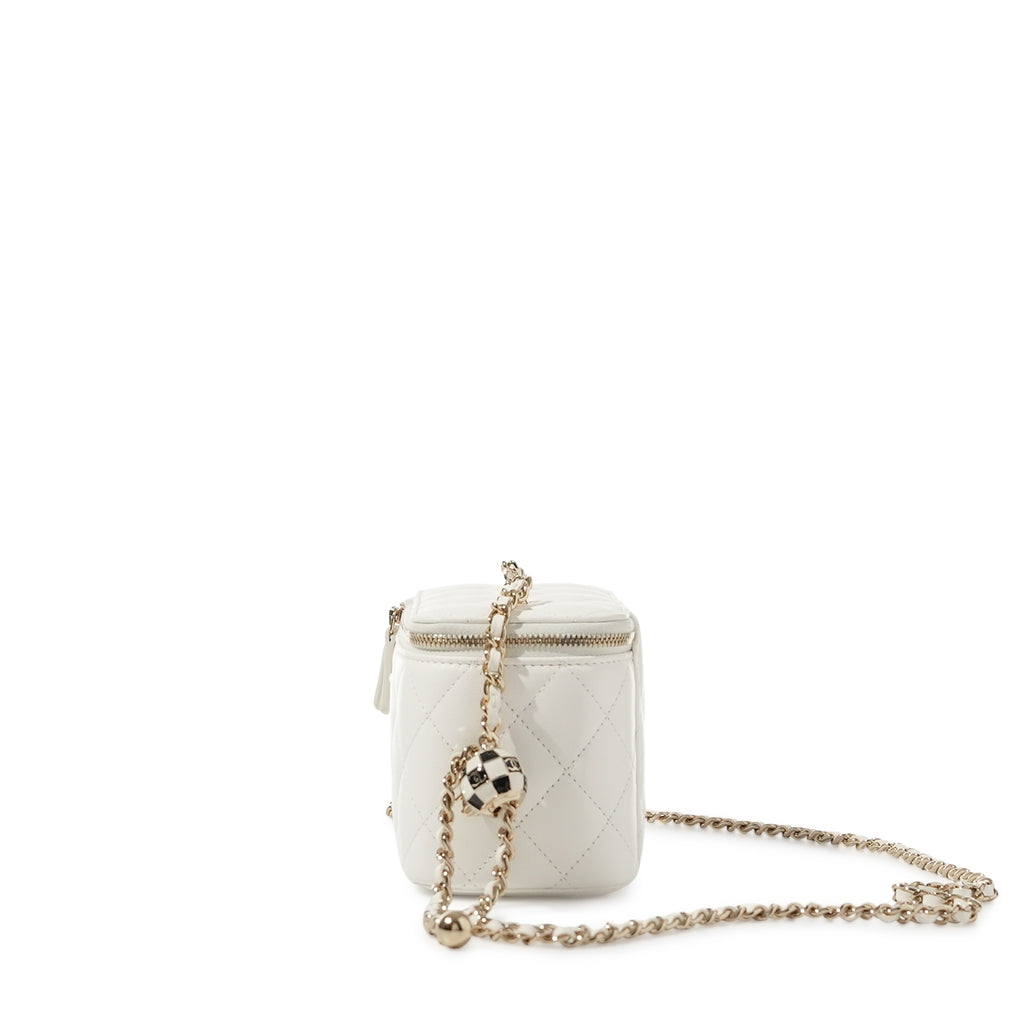 Chanel White Quilted Lambskin Vanity Case with Pearl Crush Chain Pale Gold Hardware