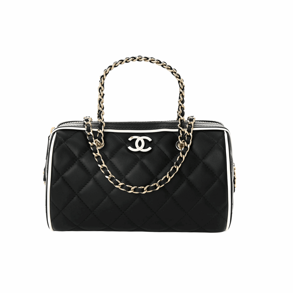Chanel Lambskin Quilted Resin CC Mini Bowling Clutch With Chain Black White