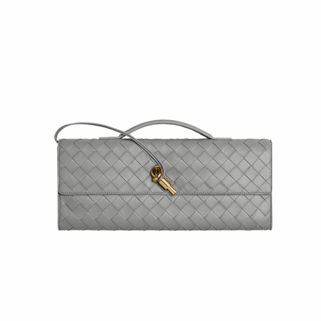 Bottega Veneta  Lambskin Intrecciato Long Andiamo Top Handle Clutch Gold