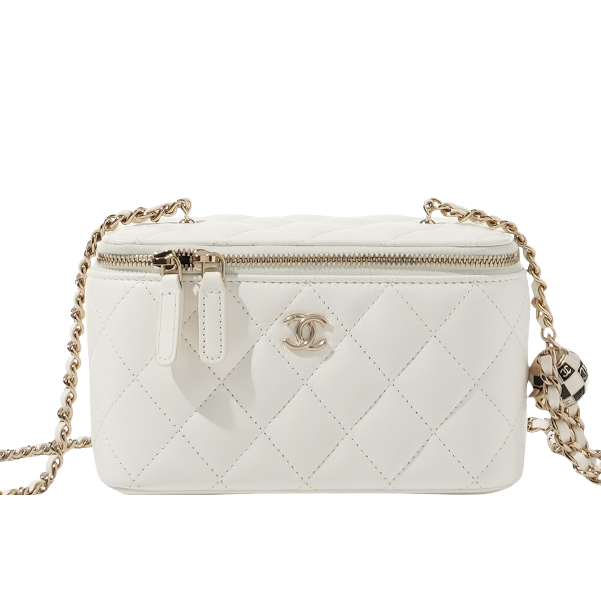 Chanel White Quilted Lambskin Vanity Case with Pearl Crush Chain Pale Gold Hardware