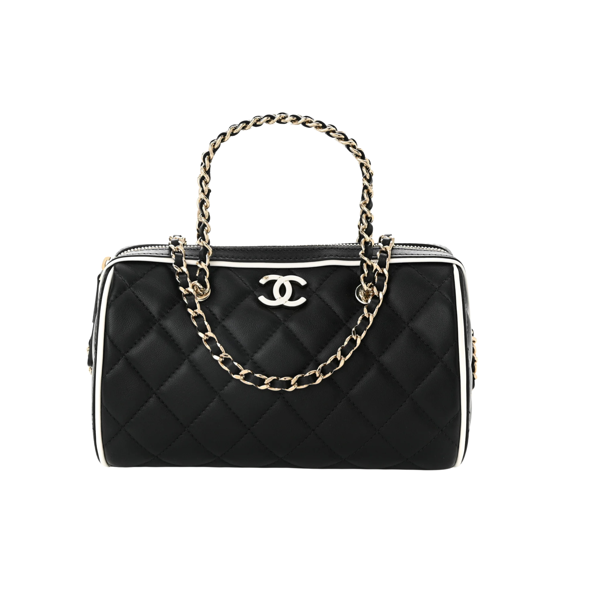 Chanel Lambskin Quilted Resin CC Mini Bowling Clutch With Chain Black White