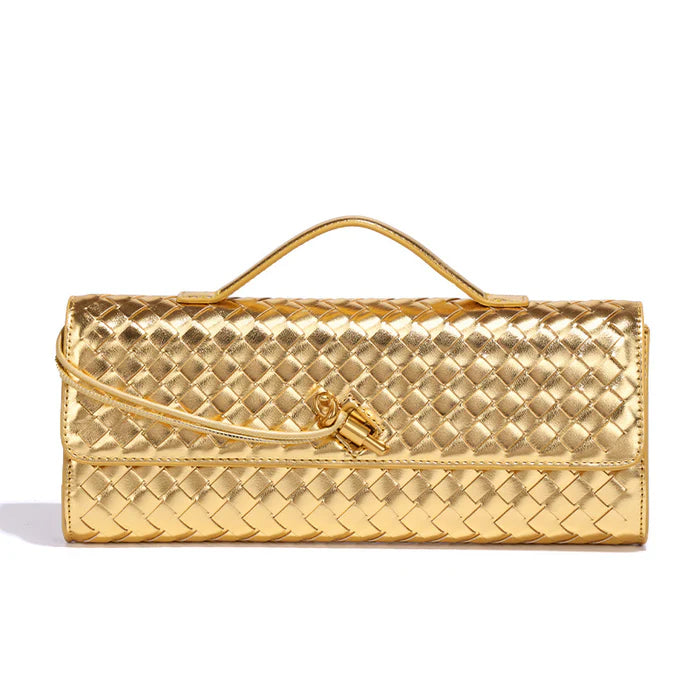 Bottega Veneta  Lambskin Intrecciato Long Andiamo Top Handle Clutch Gold