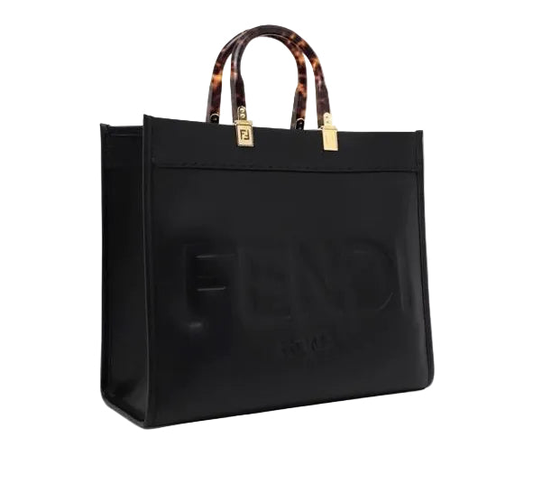 Fendi Sunshine Medium Tote Bag – Black Leather with Tortoiseshell Effect Handles