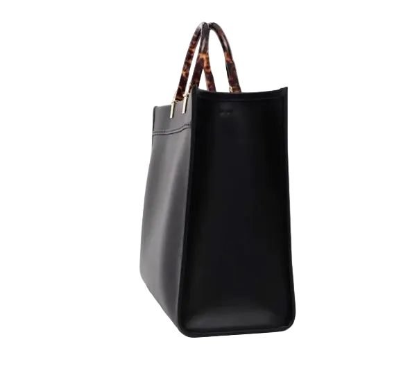 Fendi Sunshine Medium Tote Bag – Black Leather with Tortoiseshell Effect Handles