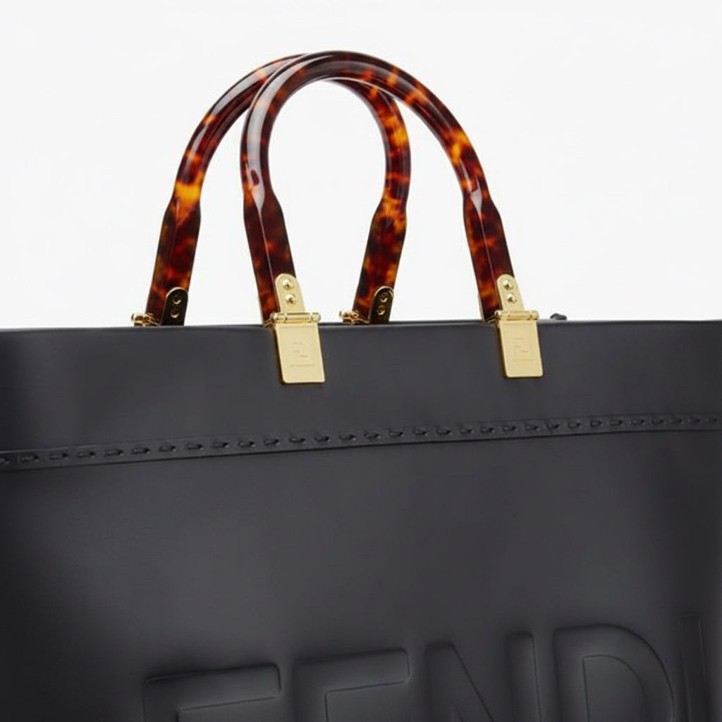 Fendi Sunshine Medium Tote Bag – Black Leather with Tortoiseshell Effect Handles