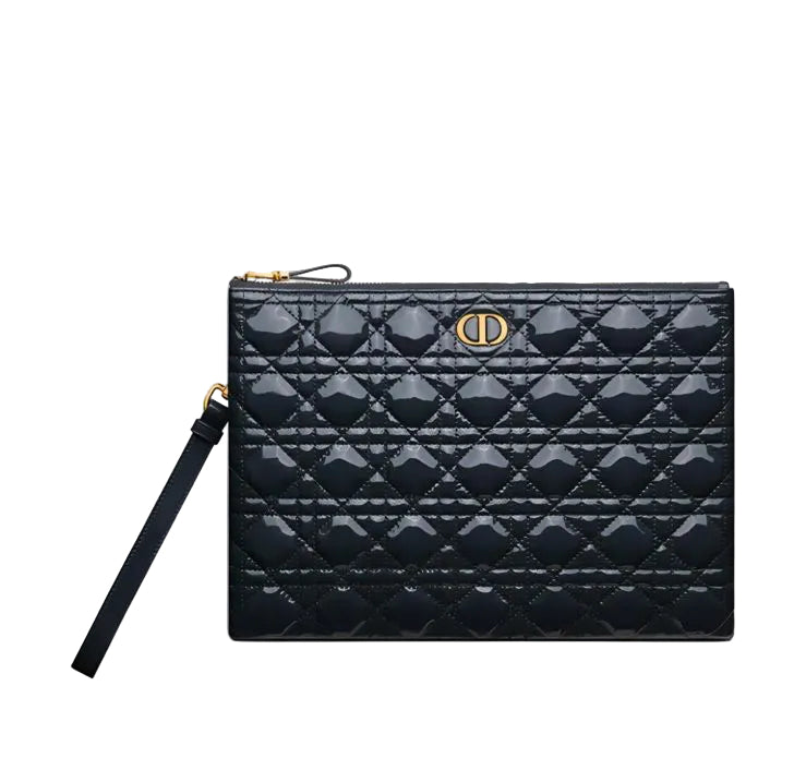 Christian Dior Cannage Quilted Patent Leather Pouch - Black with Gold Hardware