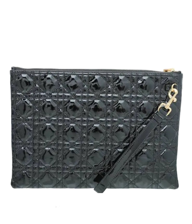 Christian Dior Cannage Quilted Patent Leather Pouch - Black with Gold Hardware