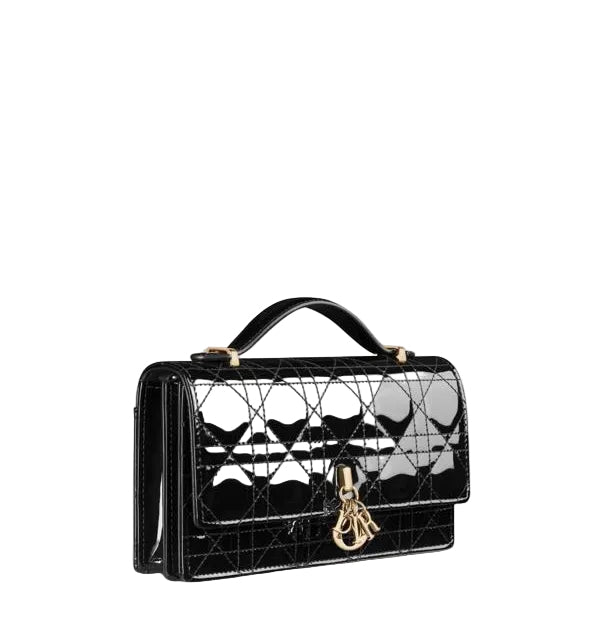 Christian Dior Lady Dior Pouch in Black Cannage Patent Leather with Gold-Tone Hardware