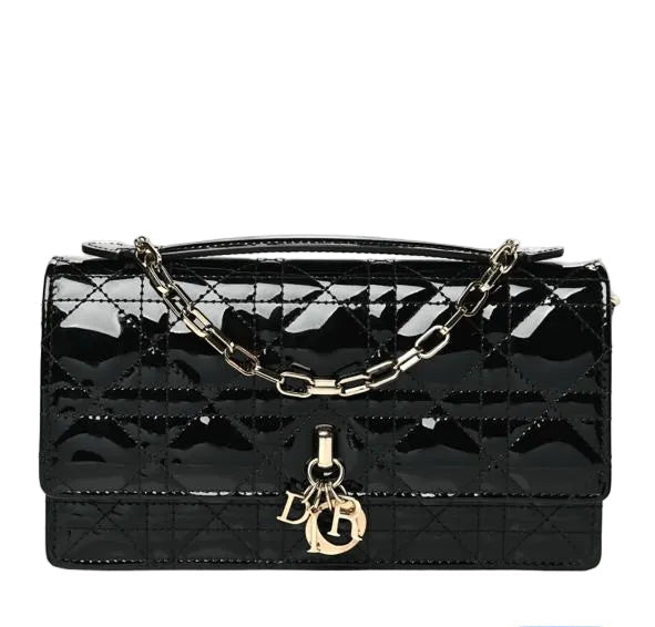 Christian Dior Lady Dior Pouch in Black Cannage Patent Leather with Gold-Tone Hardware