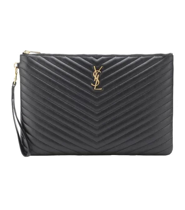 Saint Laurent Cassandre Matelassé Pouch in Black Grain de Poudre Leather with Gold Hardware