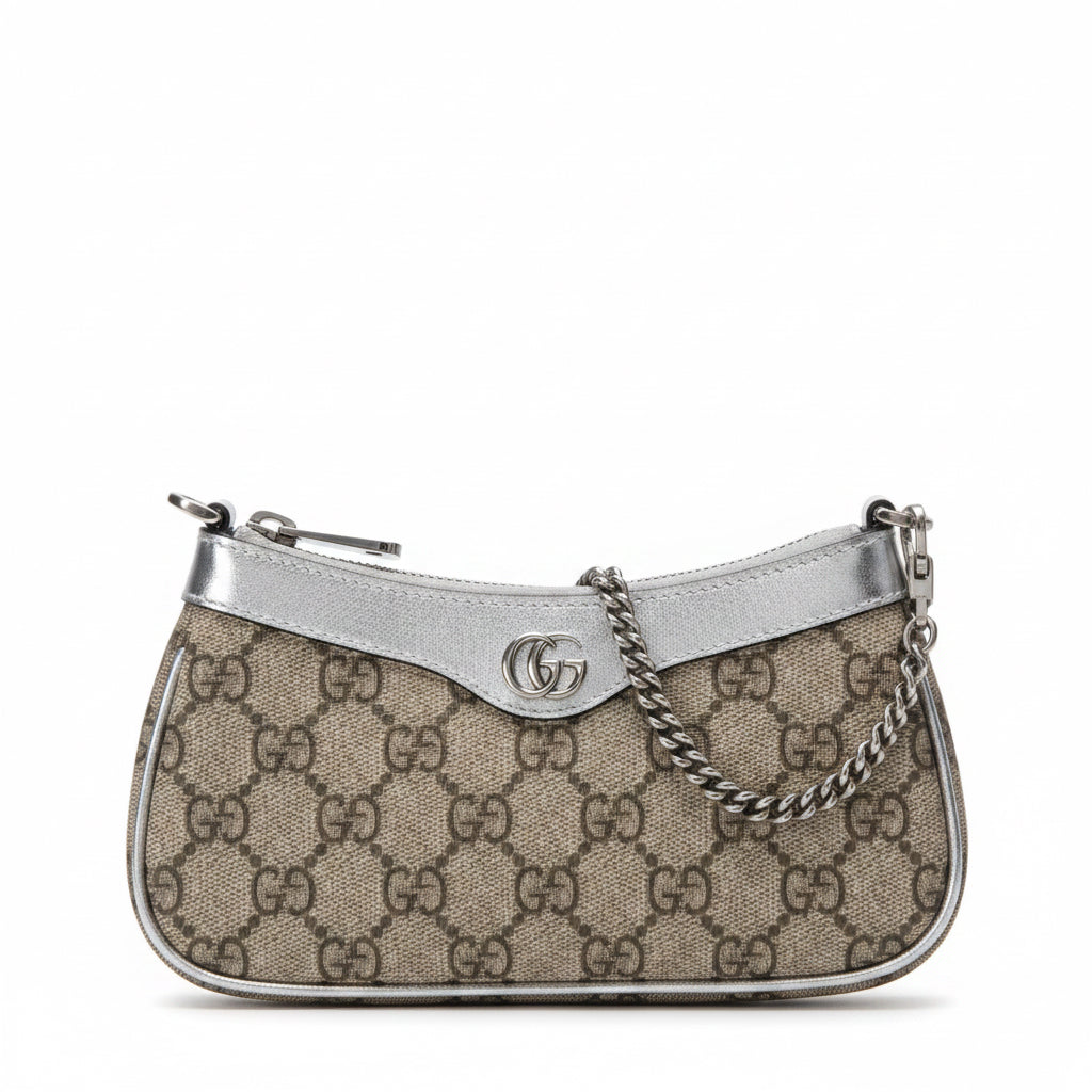 Gucci Ophidia GG Mini Bag – Beige/White GG Supreme Canvas with Gold-Tone Chain