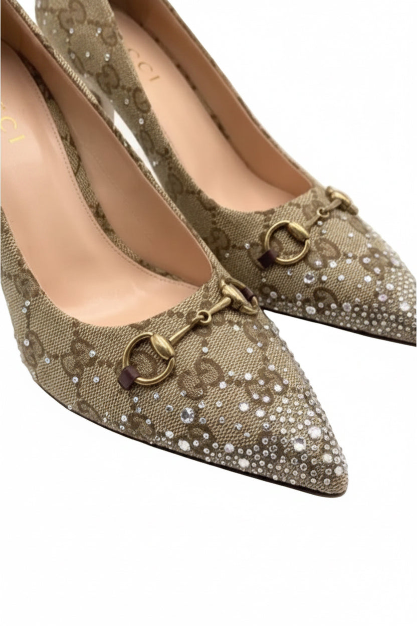 Gucci GG Crystal-Embellished Canvas Pumps – Beige GG Supreme with Horsebit Detail