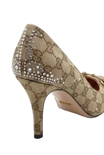 Gucci GG Crystal-Embellished Canvas Pumps – Beige GG Supreme with Horsebit Detail