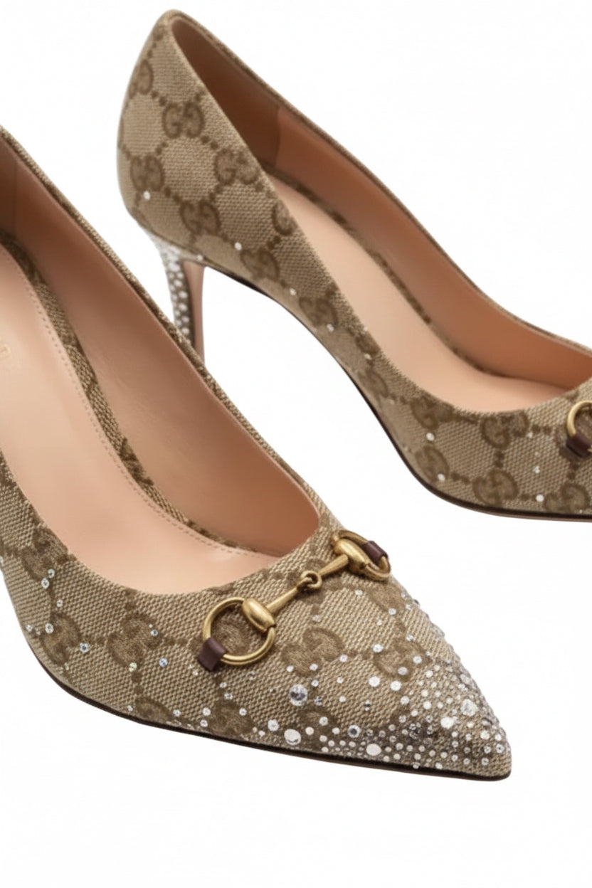 Gucci GG Crystal-Embellished Canvas Pumps – Beige GG Supreme with Horsebit Detail