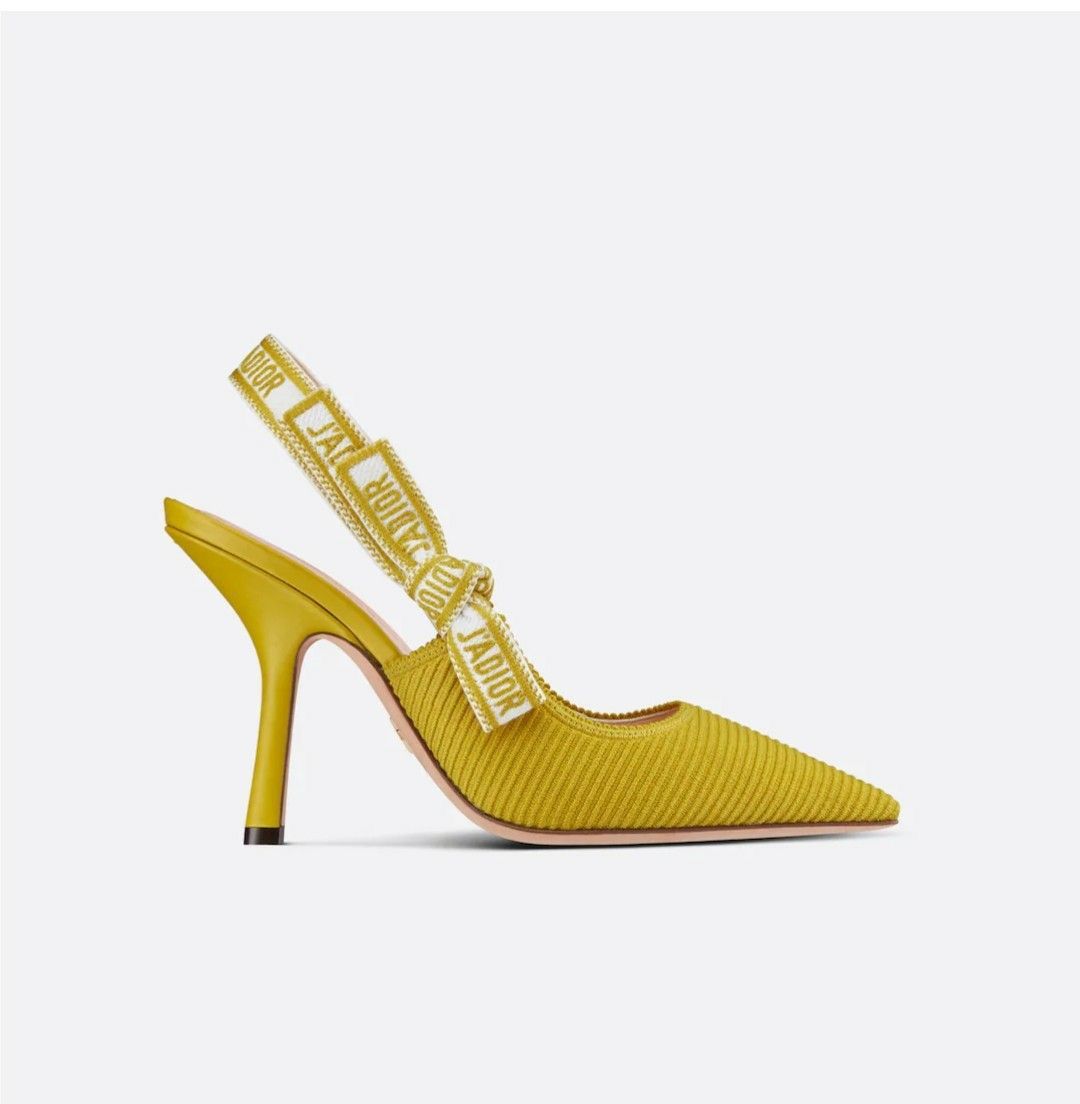 Christian Dior J'Adior slingback pumps in a yellow technical fabric with the signature embroidered ribbon strap.