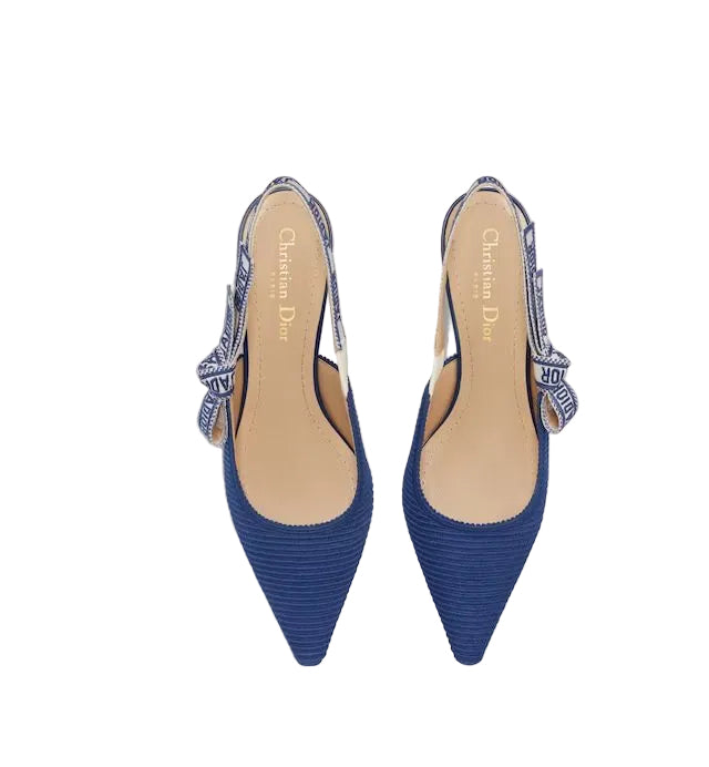 Christian Dior J'Adior slingback pumps in a navy technical fabric with the signature embroidered ribbon strap.