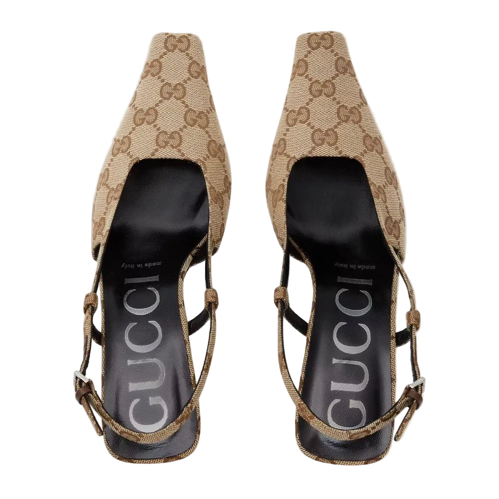 Gucci GG Canvas Slingback Pumps – Beige and Ebony GG Supreme with Leather Trim