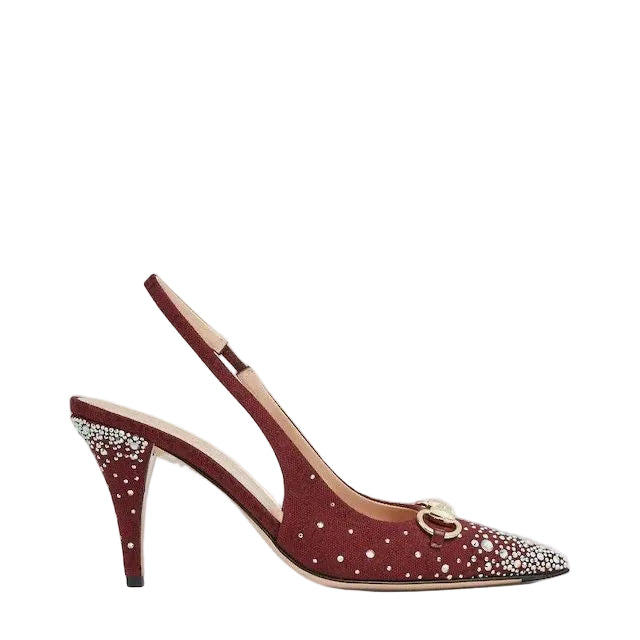 Gucci Crystal-Embellished Slingback Pumps – Burgundy Suede with Horsebit Detail