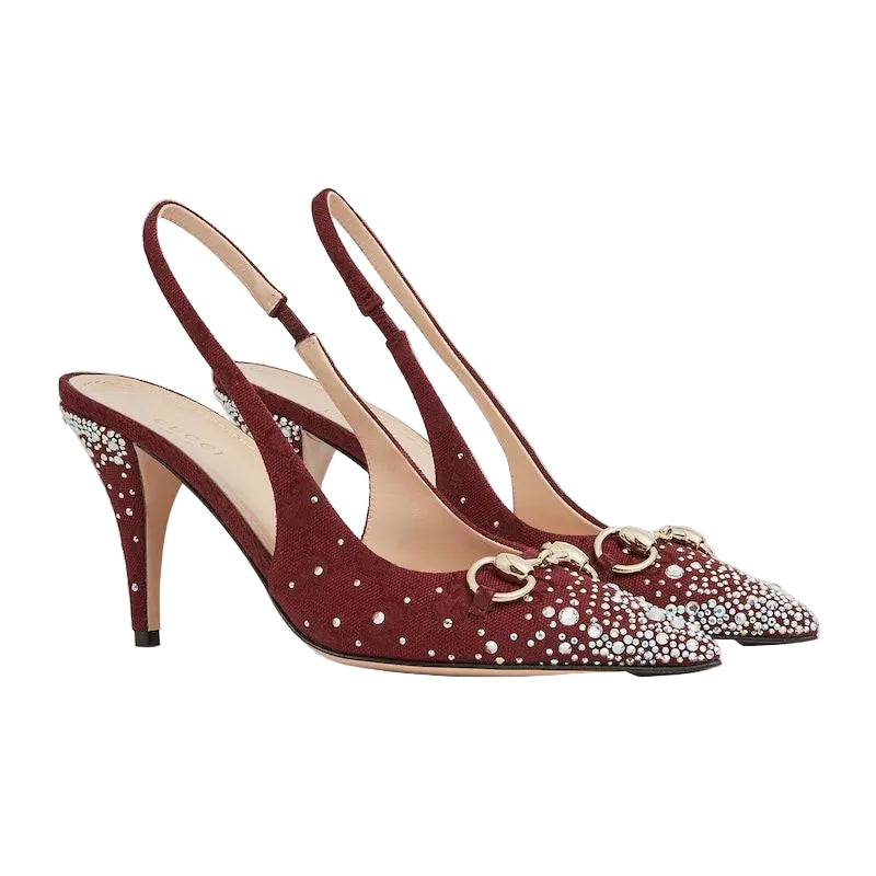 Gucci Crystal-Embellished Slingback Pumps – Burgundy Suede with Horsebit Detail