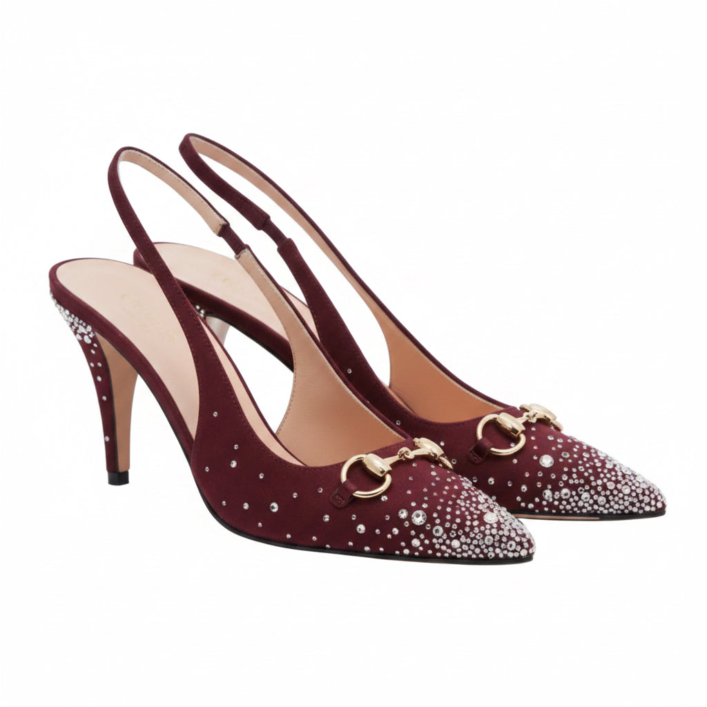 Gucci Crystal-Embellished Slingback Pumps – Burgundy Suede with Horsebit Detail
