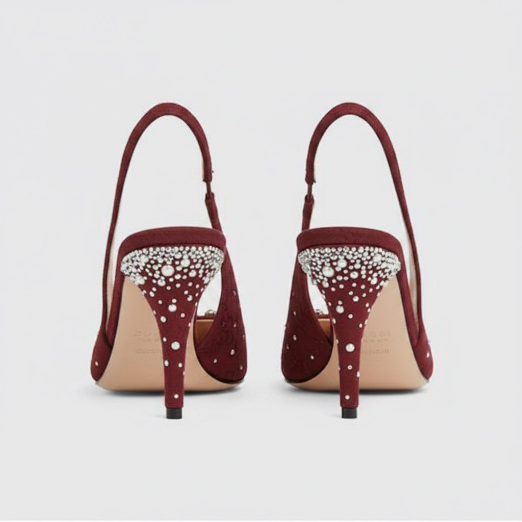 Gucci Crystal-Embellished Slingback Pumps – Burgundy Suede with Horsebit Detail