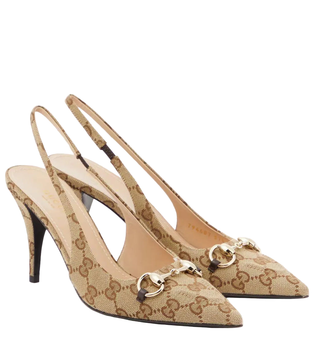 Gucci GG Crystal-Embellished Canvas Pumps – Beige GG Supreme with Horsebit Detail