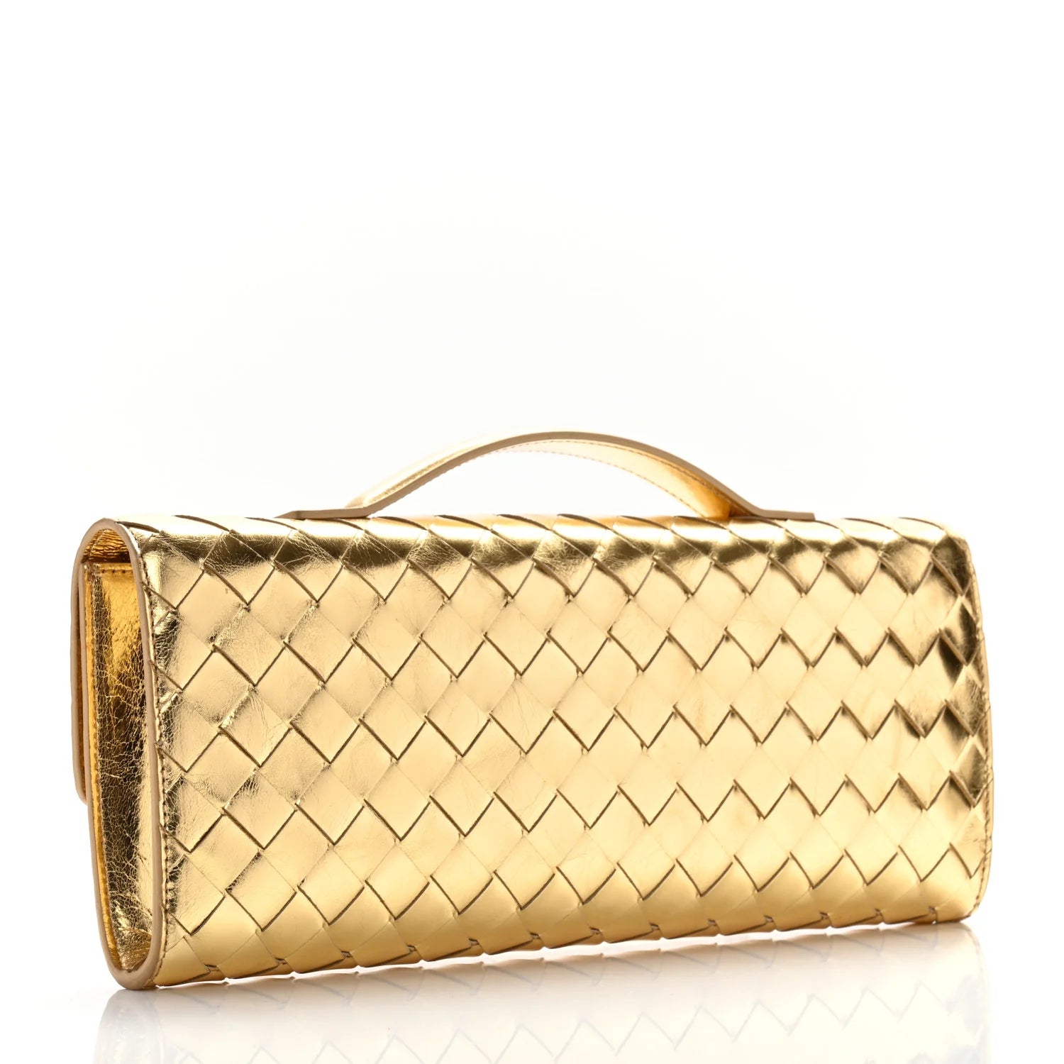 Bottega Veneta  Lambskin Intrecciato Long Andiamo Top Handle Clutch Gold