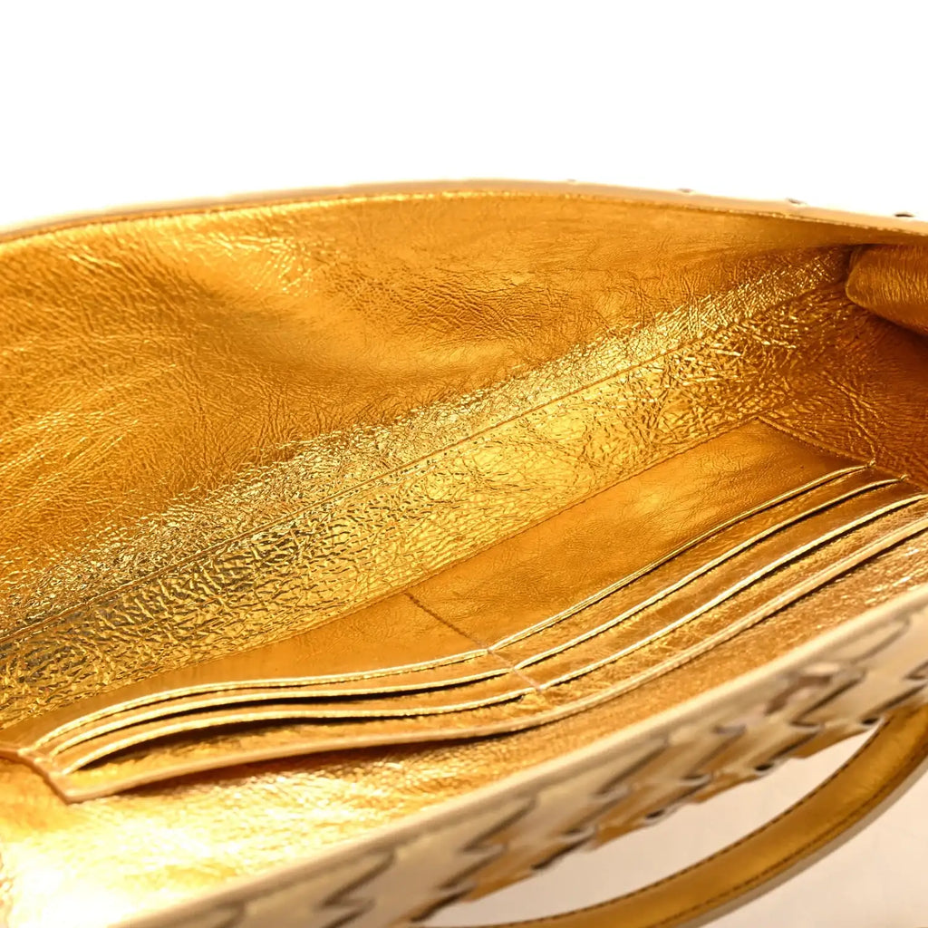 Bottega Veneta  Lambskin Intrecciato Long Andiamo Top Handle Clutch Gold
