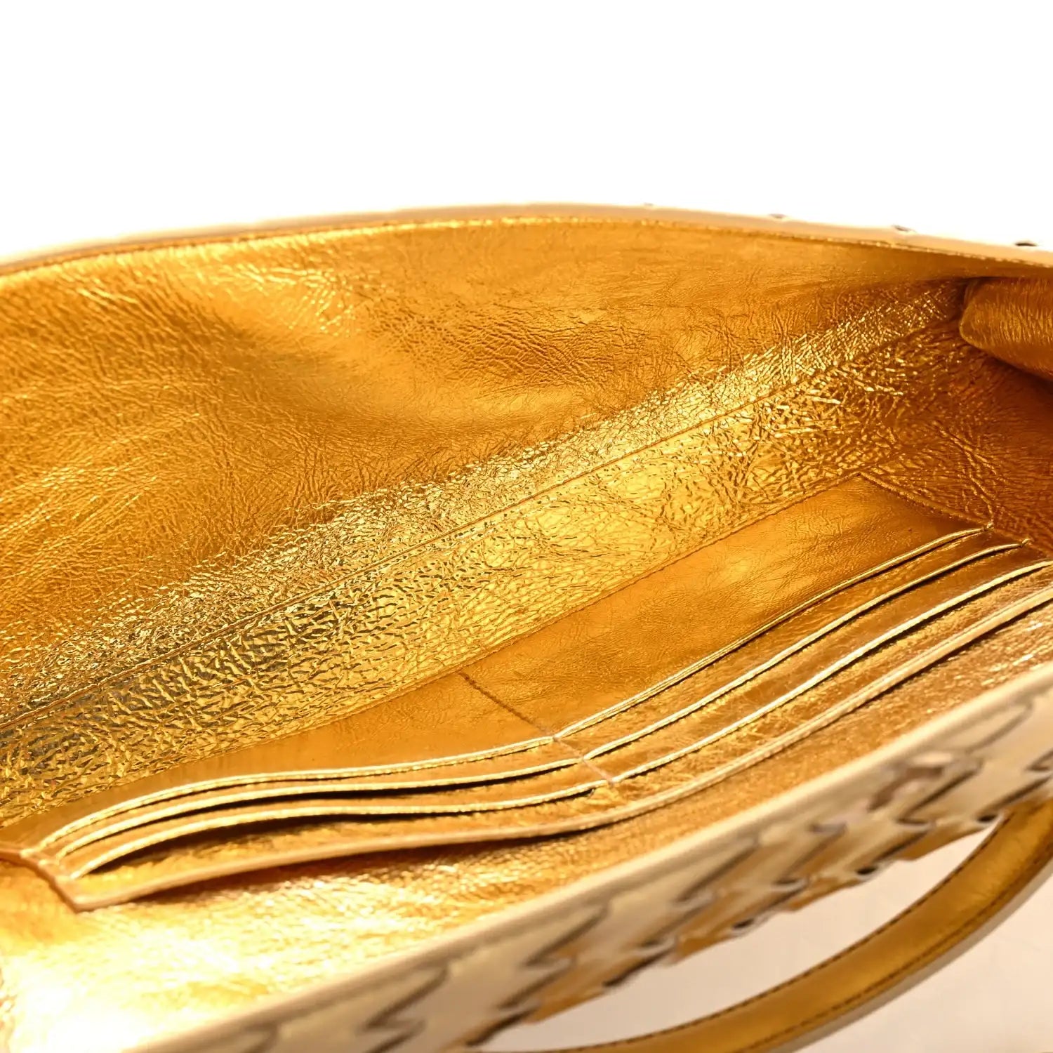 Bottega Veneta  Lambskin Intrecciato Long Andiamo Top Handle Clutch Gold