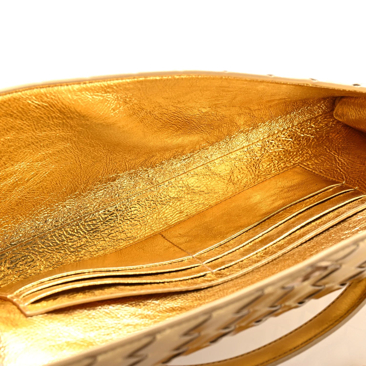 Bottega Veneta  Lambskin Intrecciato Long Andiamo Top Handle Clutch Gold
