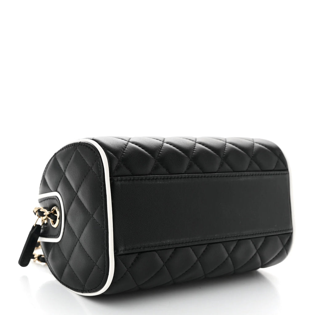 Chanel Lambskin Quilted Resin CC Mini Bowling Clutch With Chain Black White