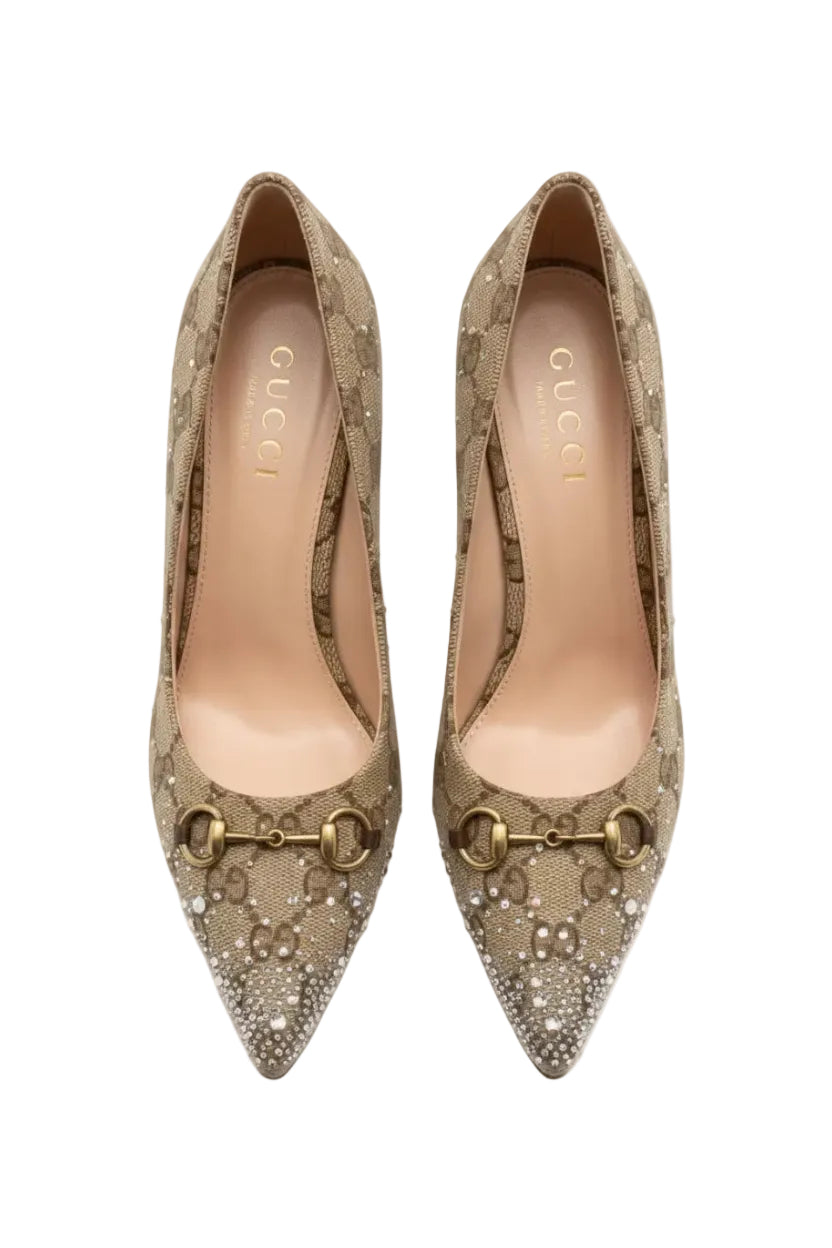 Gucci GG Crystal-Embellished Canvas Pumps – Beige GG Supreme with Horsebit Detail