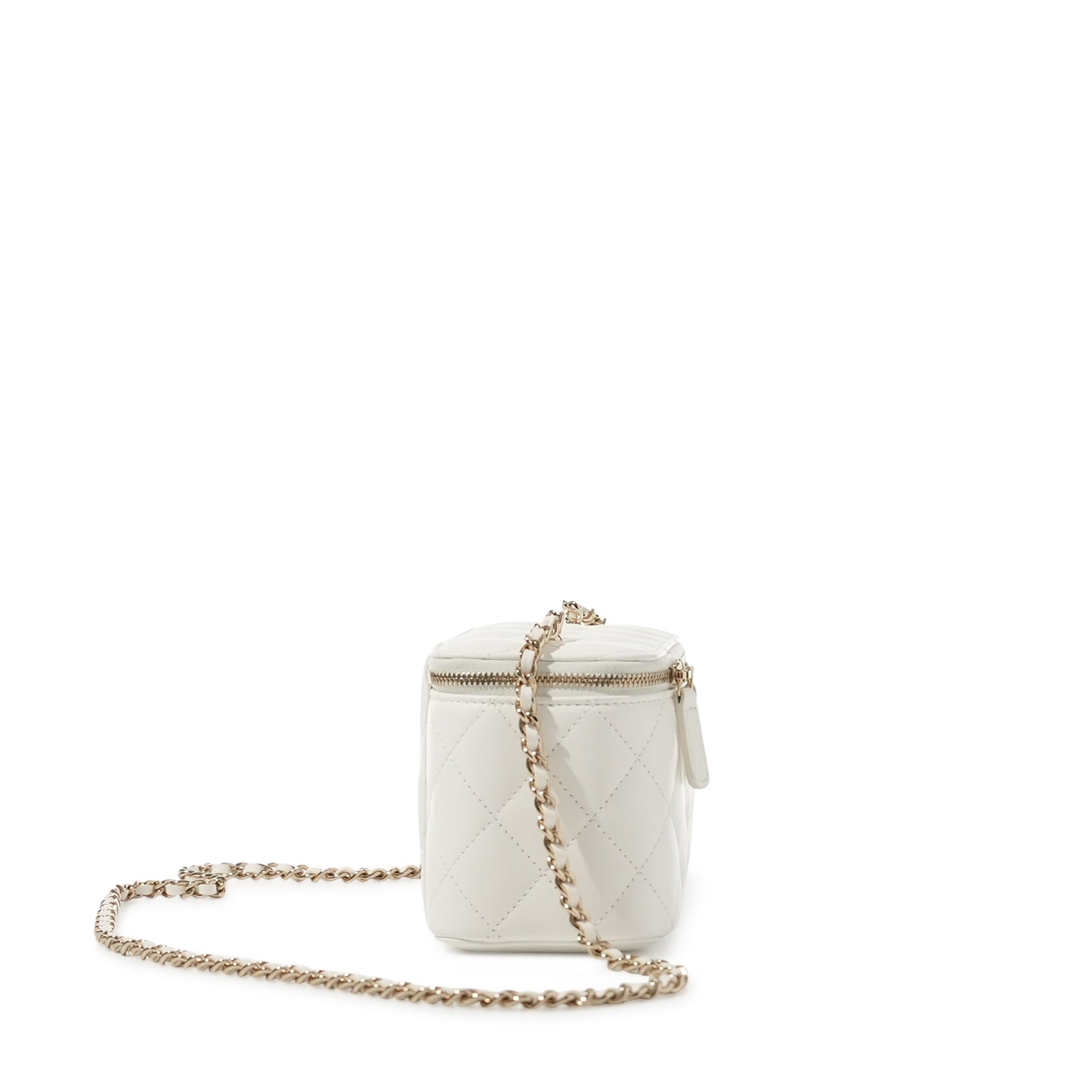 Chanel White Quilted Lambskin Vanity Case with Pearl Crush Chain Pale Gold Hardware