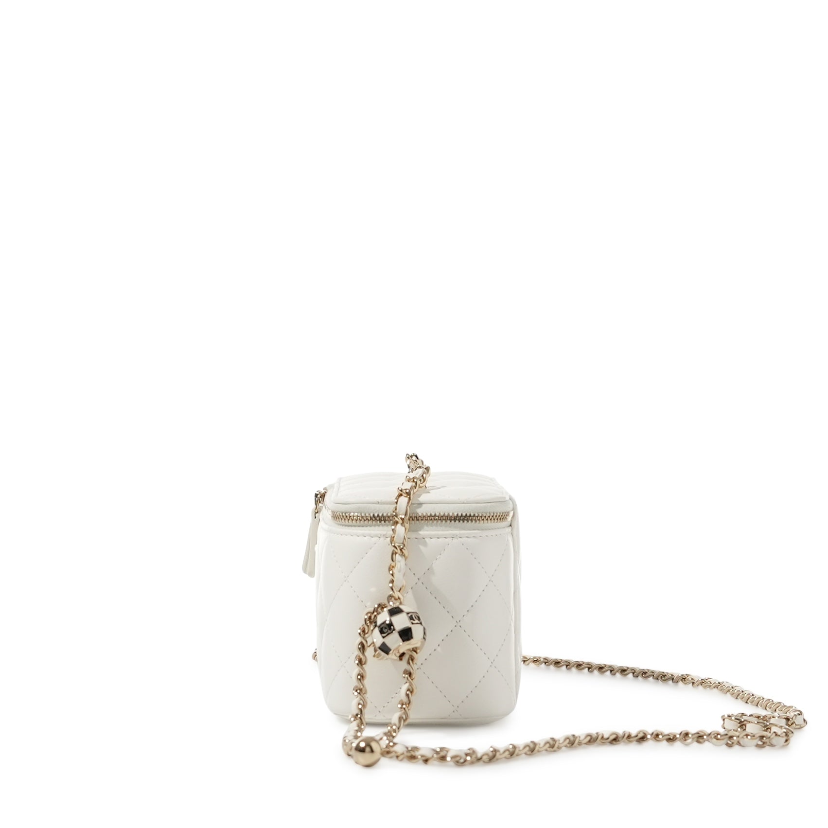 Chanel White Quilted Lambskin Vanity Case with Pearl Crush Chain Pale Gold Hardware