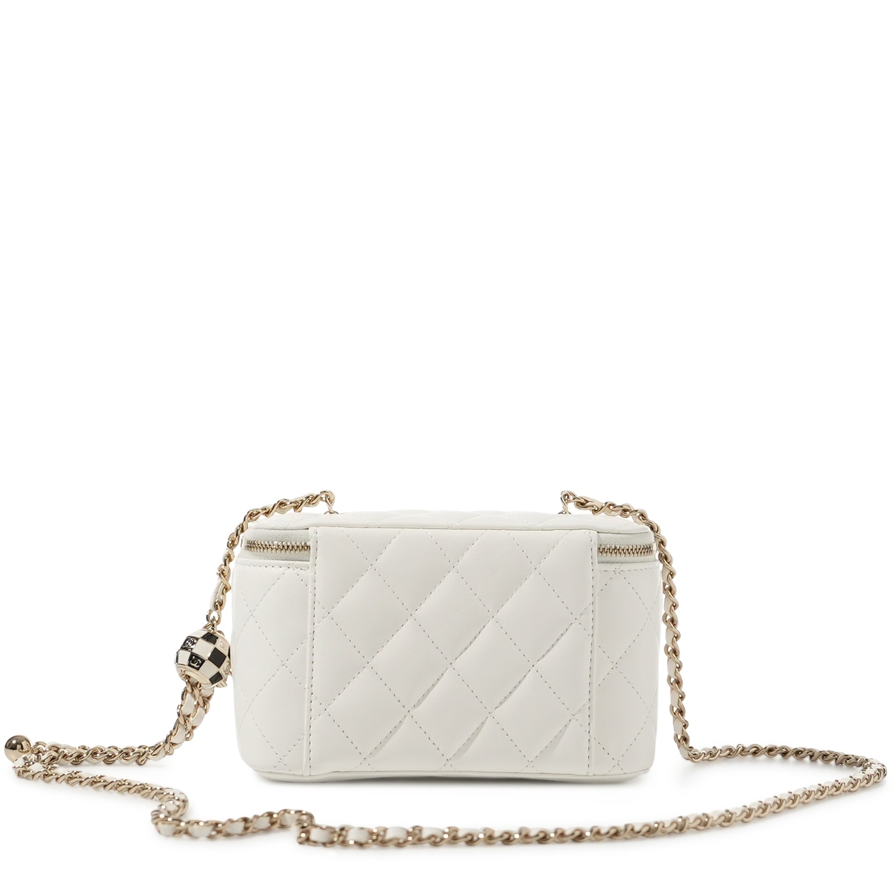 Chanel White Quilted Lambskin Vanity Case with Pearl Crush Chain Pale Gold Hardware