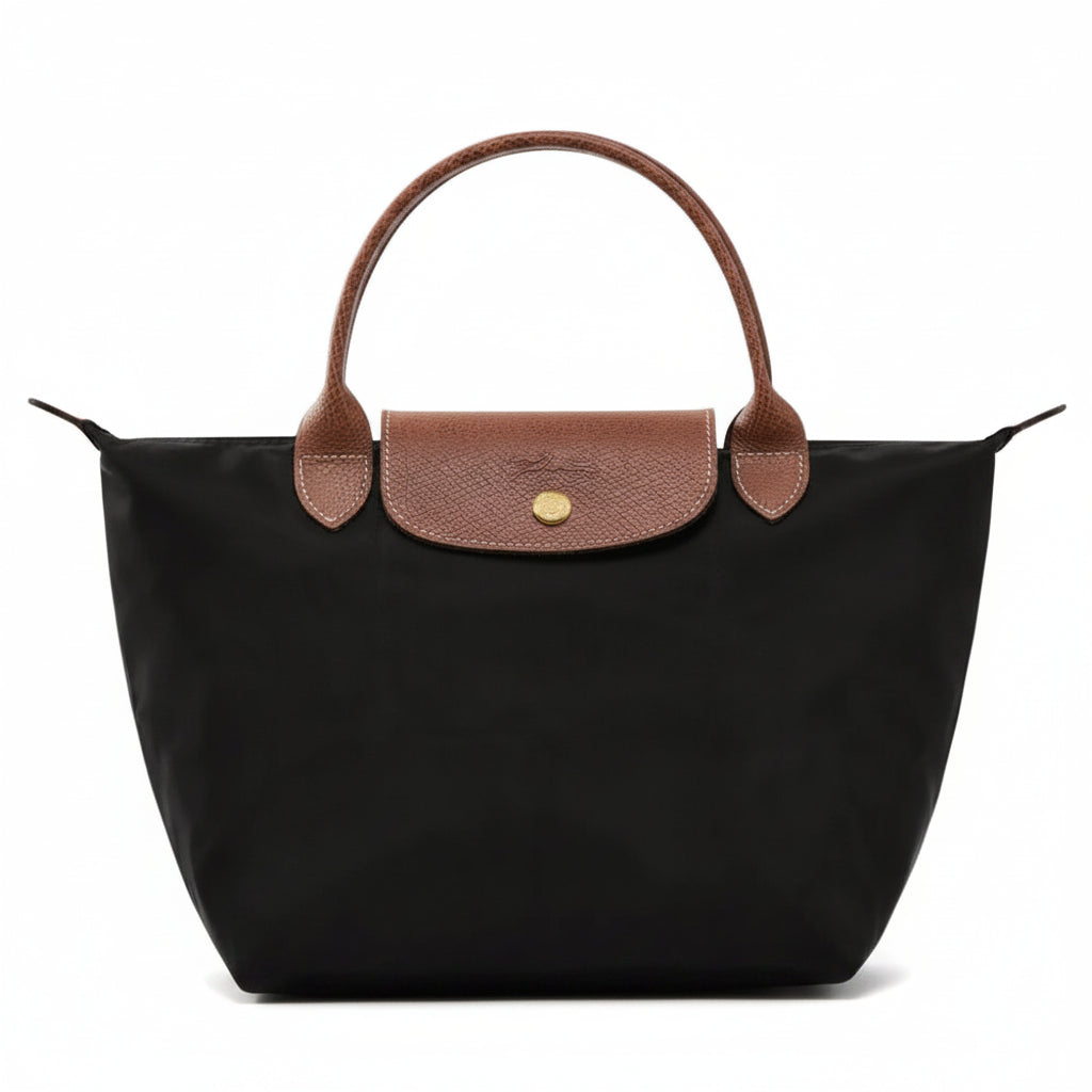 Longchamp Le Pliage  Shoulder Bag – Black Nylon with Brown Leather Trim Medium